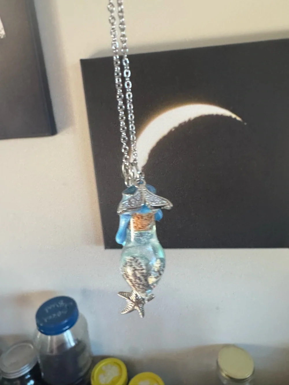 Silver Mermaid Potion Bottle Necklace with Blue Glass Accent